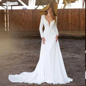 Abiti sexy urbani semplici maniche lunghe da sposa 2024 profondo scollo a V abito da sposa backless sweep treno abito civile abito da sposa paese matrimonio yq240329