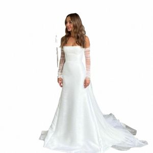 enkel mjuk satin en linje bröllop dr båt nacke avtagbar full ärm LG DRES Pleat Bride Gown for Woman Custom Made 2024 W101#