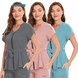 Kort ärm i skönhetssal Workwear Temperament Women's Top Nursing Blue Sexig Zip Scrub Topps Nursing Uniform T-shirt 2 fickor L25S#