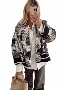 Gedruckt Revers Kurze Cott Jacke Frauen LG Ärmeln Warme Tasche Strickjacke Mantel 2023 Herbst Winter Neue Weibliche Straße Outwears v0ZV #