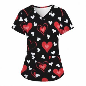 San Valentino Stampa Uniforme da lavoro Clinica Tasca Camicetta Infermiera Donna Manica corta Scollo a V Scrub Top Tunica per assistente sanitario H3Gl #