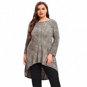 Plus -storlek LG Sleeve Leopard Print Casual Hi Low Tunic Women LG Fit Flare Loose Swing Blus och toppar stor storlek T -shirt 5xl C8TG#