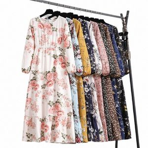 spring Summer Women Maxi Dres Casual Full Sleeve Floral Printed O-neck Woman Bohe Beach Party Lg Dr Mujer Vestidos O5zI#