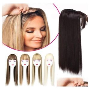 Haarteile Gres Blonde Synthetikteil Damen 3 Clips in Verlängerung mit Pony 22 lange Hochtemperaturfaser Braun/Grau/Schwarz Drop Del Ot53U