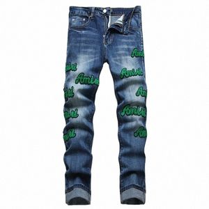 Jeans ricamati con lettera Distred blu Pantaloni da uomo in denim a vita media con gamba piccola elastica Pantaloni streetwear Hip Hop Blue Jeans d6me #