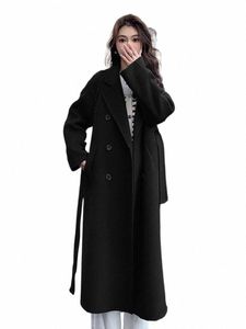 Kvinnorjacka snörning Simple 2024 Spring Korean Faux Woolen Full Sleeve Double Breasted Midi Coat Kvinna Kausal Löst Outwears 91vr#