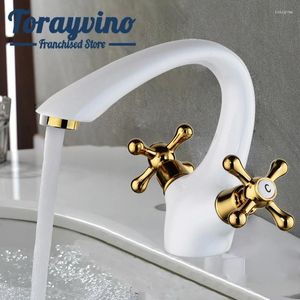Bathroom Sink Faucets Torayvino Faucet Waterfall Banyo Lavabo Musluk White Painting & Gold Brass Bath Water Column Mixer Tap