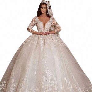 Vintage 2024 Spets Wedding Dres Princ Ball Balls Beading Bridal Shinny Tulle LG Sleeves Elegant Luxury Marriage Dr W3cx#