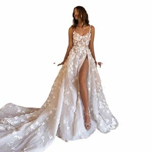 Bohemian Lace Applique Wedding Dres A-line Seksowna syrena z rękawów na ramię High Slit Simple Mop Bridal Suknie J5ww#