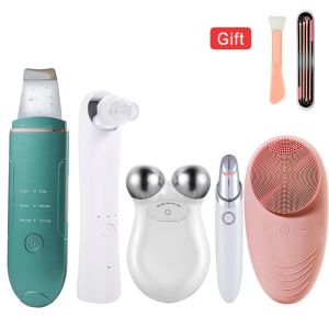 Tips Ultrasonic Ion Deep Cleaning Instrument + Hot Compress Blackhead Device+ Eye Massager + Silicone Cleansing Hine