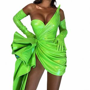 Glossy Green Leather Short Prom Dres utan handskar Sexig mini Längd Ruffled Läder Formell Party Dr Event Glown Custom X4KZ#