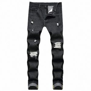 Ny klassisk svart stor storlek Mens Jeans Europe och America Casual Hole Straight Byxor i full längd Denim Pants Ripped Jeans T6O6#