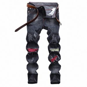 distred Jeans Men with Ctrast Colors Patch Ripped Men's Denim Jeans Stretched Streetwear Male Pants Pantales Hombre b377#