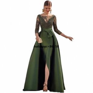 Vintage Olive Green Evening Dres LG Sleeve Lace Pärled sjöjungfru Dr för kvinnor frt slit formell prom klänning vestidos fiesta 26dc#