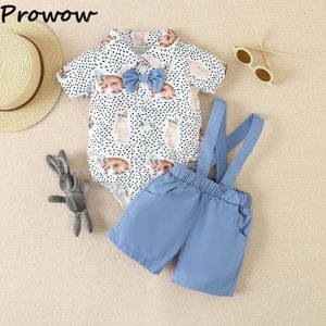 Tvättpåsar Prowow Baby Clothes Boys Black Dot Shirts Romper Blue Suspender Pants My First Easter Outfit Set för
