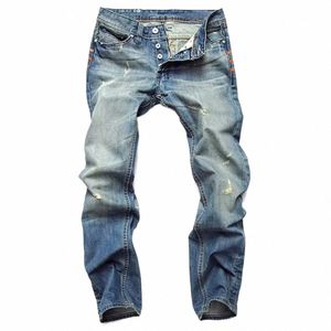 pantaloni di denim Distred da uomo azzurri vintage pantaloni da cowboy strappati slim fit dritti Butt Fly uomo Wed Cott Jeans V4C1 #