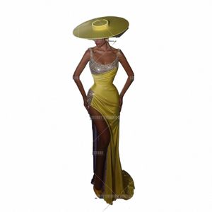 Luxury Crystal Yellow Evening Dres för Woman Mermaid SEquined Side Split Elegant Beach Party Prom -klänningar Vestidos de Fiesta I3aw#