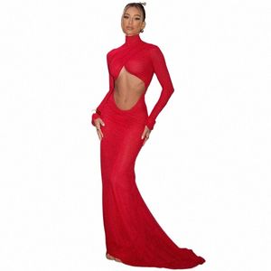 Cryptographic Elegant Red Cut Out Maxi Dr for Women Party Club Outfits LG Sleeve Ruched Sexig Backl Gown Birthday Dres 89WU#