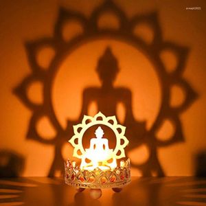 Portacandele Candeliere intagliato cavo in metallo Porta luce e ombra per lampada buddista Ghee Fiore di loto