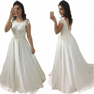 Semplice Plus Size Bianco A Line Wedding Dres Manica in pizzo Cap Custom Made Scoop Neck Abiti da sposa in raso Sweep Train z92A #