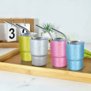 3Oz Sublimation Chuncky Glitter Cup 90Ml Shiny Sier Wine Tumbler Small Shot Glass With Lid And Straw For DIY Fast 0414