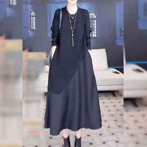 Fashion Oneck skarvad Löst falska två stycken Casual klänningar Kvinnliga kläder Hösten överdimensionerad koreansk oregelbunden MIDI -klänning 240329