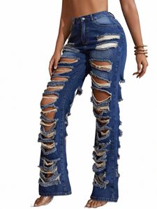 Y2K 2023 Popular New Women Street Cintura Alta Bolso Slant Grande Área Rasgado Ampla Perna Reta Jeans LG G9M8 #