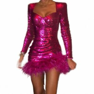 Women's Dr Square Neck Sequin LG Sleeve Bodyc Ruched Mini Party Dres Oregelbundna fjäderhem Kvällsklänningar Dr Q82D#