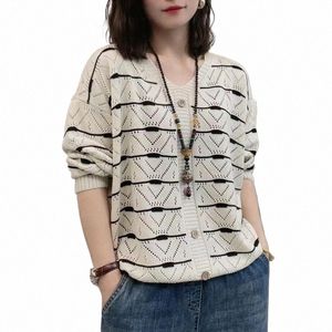 Weibliche V-ausschnitt Casual Gestreiften Aushöhlen Pullover Frühling Herbst frauen Kleidung Fiable Dünne Hintern Lose Strickjacke 62j3 #