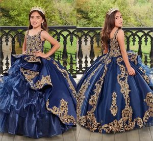 Dark Blue Little Girl's Pageant Dresses With Gold Lace Appliqued Puffy Tiered Ruffles Princess Ball Gown For Wedding Birthday Kids Todder Formal Party Dress