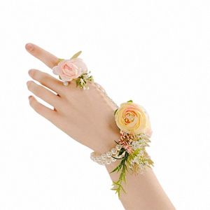 women Bridal Artificial Rose Bridesmaid Bracelet Hand Frs With Pearl Wrist Corsage Handmade Accories Elegant Party Decor F3r9#