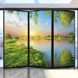 Window Stickers Privacy Film Lakeside View Pattern Frosted Glass Sun Blocking Glue-Free Static Adhesive Bathroom Door Tint