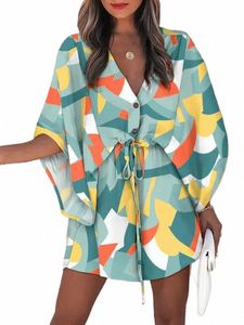 Verão casual dr feminino fi manga voadora com decote em v impressão praia festa dres elegante rendas até mini dr robe femme 2023 novo b8lu #