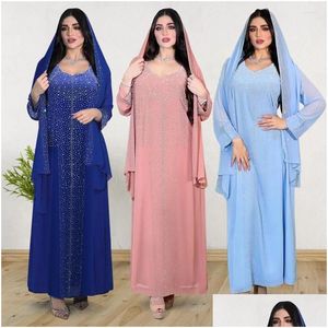 Etniska kläder Abaya klänning Muslim elegant långärmad V-ringad blå rosa diamanter fest kväll maxi mode droppe leverans kläder dhtxk