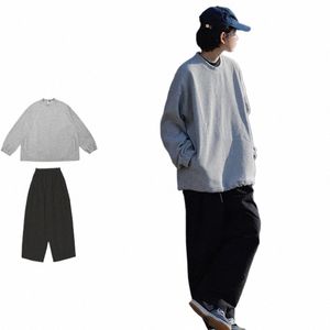 japanese Simple Set Men Women Spring Autumn Crewneck Lg-sleeved Sweatshirts+Quick-drying Casual Loose Cargo Pants Suit Unisex V05T#