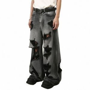 Мужские рваные джинсы Fi Distred Harajuku Streetwear Хип-хоп Мешковатые джинсы Серые черные свободные прямые джинсовые брюки g8JB #