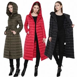 Women's Winter Down Jackets Kvinnliga huva varma parker LG -stil damrockar slipsbälte förtjockar ytterkläder förtjockar vindbrytare f9di#