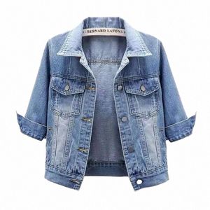 2024 New Women Spring Autumn Denim Jacket Tops Pink Color Solid Short Multicolor Feminino Three Quarter Sleeve Jean Jacket j0eX#