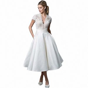 Elegant V-ringning Kort bröllopsdres för kvinnor 2024 Cap Sleeve Tea-Lengen Vintage Lace Applique Bridal Gown Vestidos de Novia 66e8#