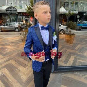 Raye Blue Floral Suit for Boys Wedding Suknia Czteroczęściowa kamizelka spodni Kamizel Bower Formal Blazer Kidor 240318