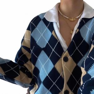 Y2K Women Fi Color Block Loose Sweaters Autumn Winter Adults Butt Down Argyle Print LG Sleeve V-Neck Cardigans X4EH#
