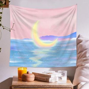 Wandteppiche, rosa, bunte Wolken, Mond, Sternenhimmel, Wandteppich, Kawaii, ästhetische Raumdekoration, College-Schlafsaal, Hintergrund, Stoff, Schlafzimmerdekoration