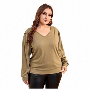 Plus-storlek Elegant Fi-blus 6xl 7xl 8xl Women LG Puff Sleeve Sexig V-ringning Spring Casual Ribbed Topps T-shirt Female B5RC#