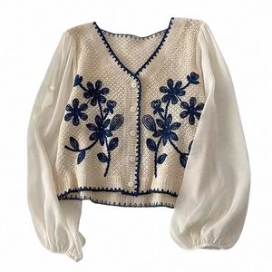 donne casual con scollo a V Butt Down Cardigan corto Puff Lg manica elegante ricamo floreale per GIACCA Cover Up camicetta Q8Vj #