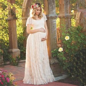 Maternity Lace Dress Pregnancy Ruffles Short Sleeved Long Elegant Pography Solid Color PoShoot 240318