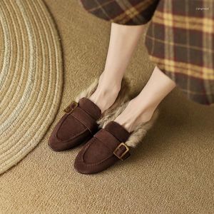 Casual Shoes Slip On Woman Warm Natural Suede Flat för Women Buckle Mules Storlek 41 Fluffiga pälslägenheter Simple Loafers
