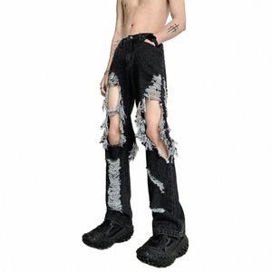 Y2K Jeans traforati unisex Uomo Estate coreana 2024 Design sottile Pantaloni in denim a gamba larga dritti LGBT Uomo Jeans strappati con frange sexy 87KU #
