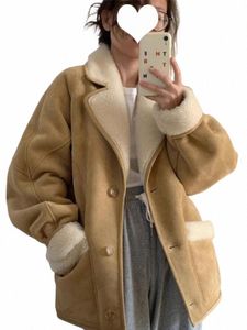 Winter Fi Brown Patchwork Faux Fur Veet Cott Jacket Women LG 슬리브 싱글면 따뜻한 옷깃 코트 여성 캐주얼 트렌드 C0VC#