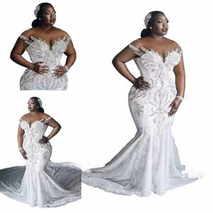 Plus Size Wedding Dr Vestido de Novia African Crystal Mermaid Bride Dres LG Train Sheer Neck Custom Made Bridal Gown C0n7#