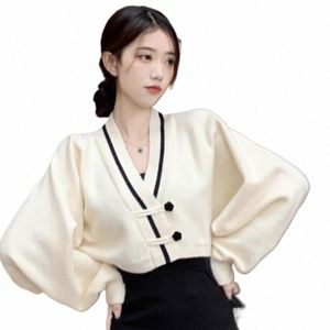 Camisola feminina Coreano Versi V Neck Ctrast Cores Soltas Doce Suave Estilo Chinês Camisola Curta Cardigan 90J7 #